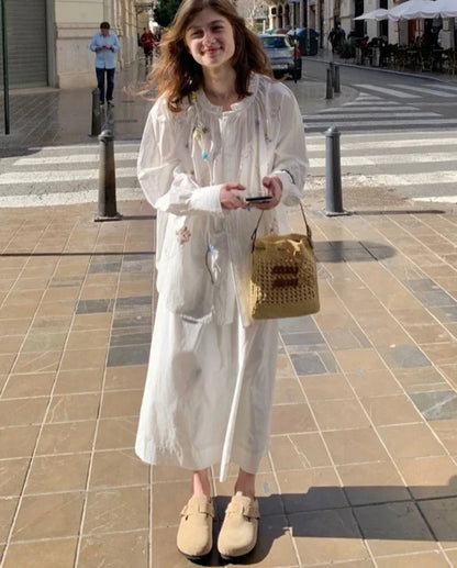 maoxiangshop  -  Chic Cute Floral Embroidery Blouse Women+Long Skirts Set Cotton Ruffle O-neck Blouse Woman Suit Loose Skirts Vacation Outfit