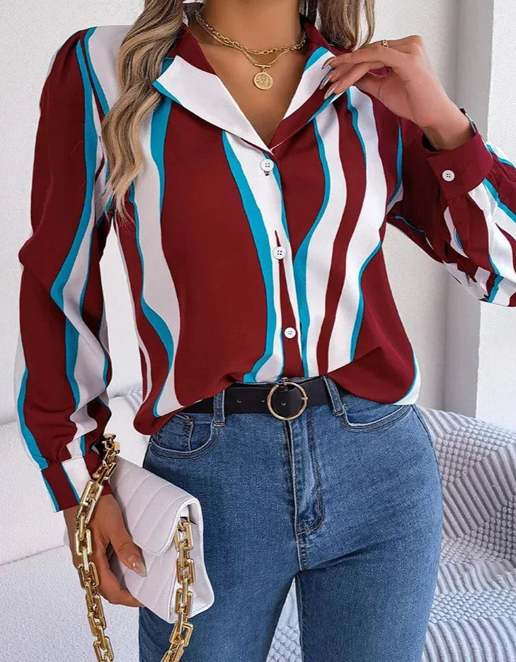 maoxiangshop Elegant Striped Women's Shirt Autumn Puff Long Sleeve Tops Youth Black Shirts & Blouses Casual Button Blouse New Collection