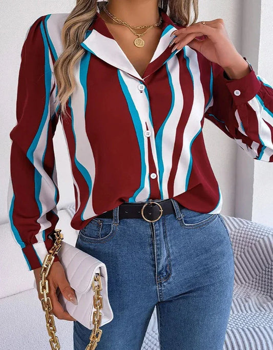 maoxiangshop Elegant Striped Women's Shirt Autumn Puff Long Sleeve Tops Youth Black Shirts & Blouses Casual Button Blouse New Collection