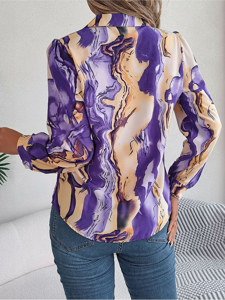 maoxiangshop Elegant Tie-dye Women's Shirt Autumn Puff Long Sleeve Tops Youth Red Shirts & Blouses Casual Button Blouse New Collection