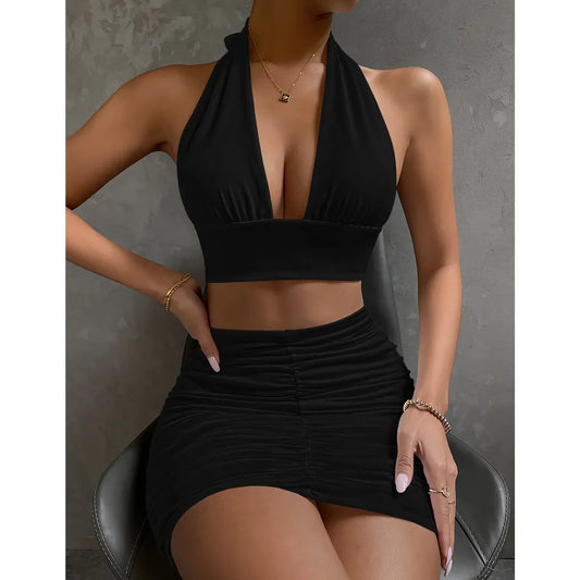 maoxiangshop Lace Up V Neck Sexy Hollow Out Two Piece Set Women Backless Sleeveless Pleated Bodycon Mini Dress Summer Female