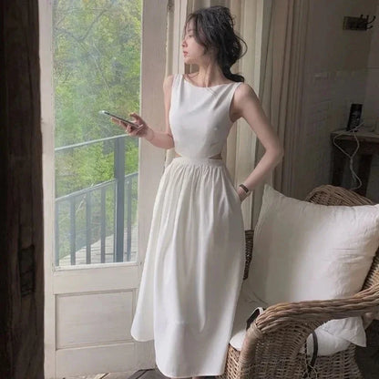 Elegant Black Dress Women Hollow Out White Midi A Line Dresses Office Lady Korean Spaghetti Strap Slim Vestidos Sundress