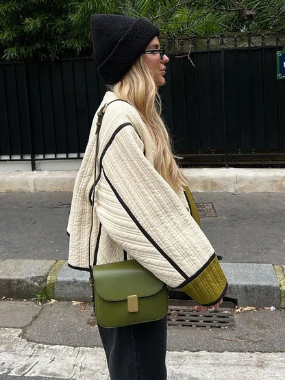 maoxiangshop  -  2024 Women Chic Contrast Patchwork Cotton Jacket Elegant Stand Collar Single Breasted Pockets Coat Fall Winter Lady Chic Outwear