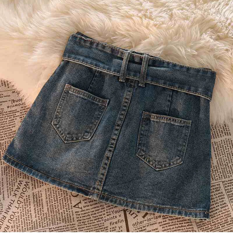 Vintage Denim Mini Skirts Women Summer Sexy Solid Belt Jeans Skirts Female Casual Ball Gown Korean Slim A Line Skirts