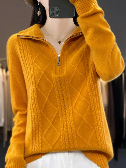 maoxiangshop 100% Merino Wool Women's Turtleneck Sweater Autumn Winter Casual Knit Loose Top Fashion Zipper Half Open Neck Cashmere Pullover