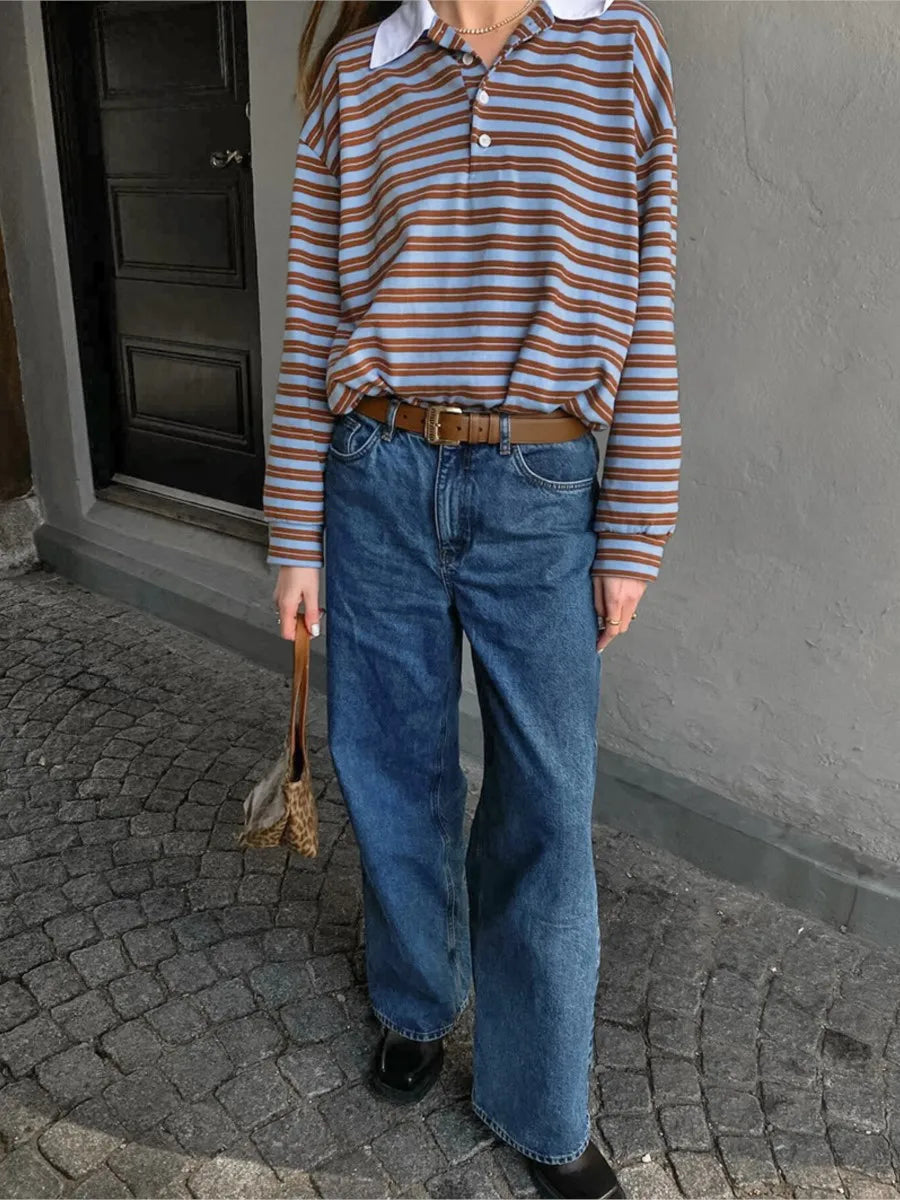 maoxiangshop  -  Striped Vintage Long Sleeve T-shirt Women Autumn New Turndown Collar Button T-shirts 2024 Streetwear Fashion Pullover Tops Tees