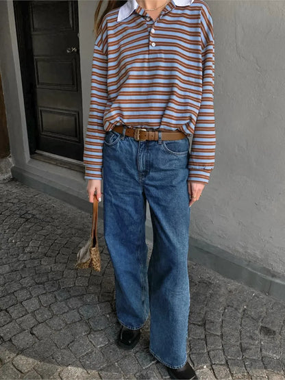 maoxiangshop  -  Striped Vintage Long Sleeve T-shirt Women Autumn New Turndown Collar Button T-shirts 2024 Streetwear Fashion Pullover Tops Tees