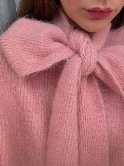 maoxiangshop  -  Elegant Knitted Pink Bow Lace Up Scarf Collar Sweater Fashion Sweet Girl Long Sleeves Pullover 2024 Autumn Chic Street Jumper