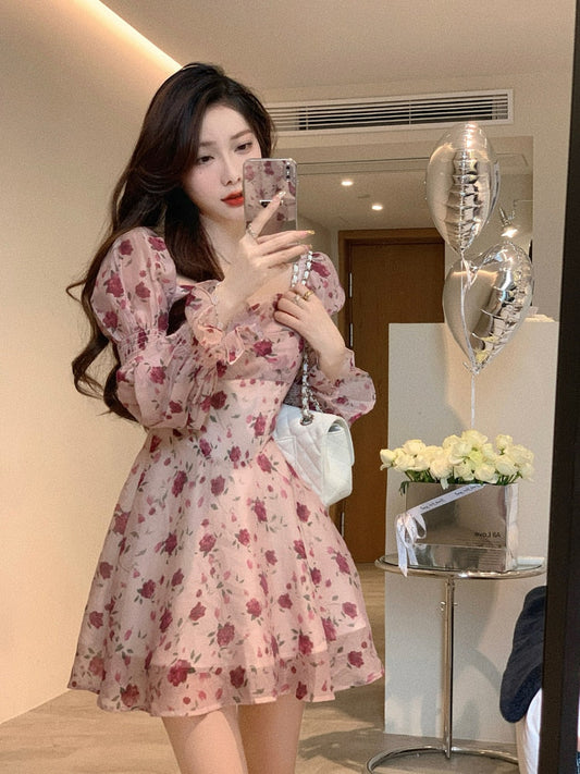 maoxiangshop Vintage Sweet Korean Fashion Floral Bodycon Mini Dress for Women Party Beach Long Sleeve Casual Dresses Elegant Summer Pink