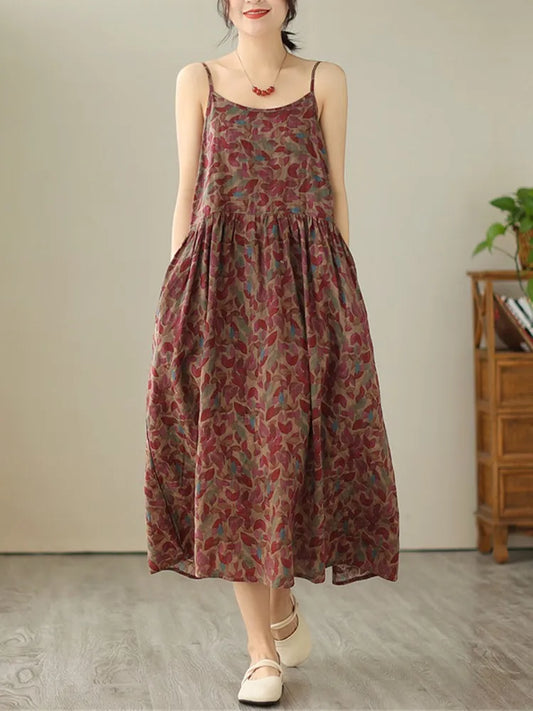 Anteef sleeveless strap cotton vintage floral new in dresses for women casual loose long summer dress elegant clothing 2024