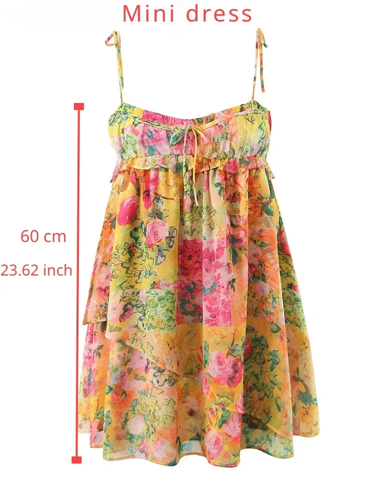 Spring Summer New Fungus Lace Short Strap Dress Woman Sexy Sweet Backless Printed Tie Mini Dress Female