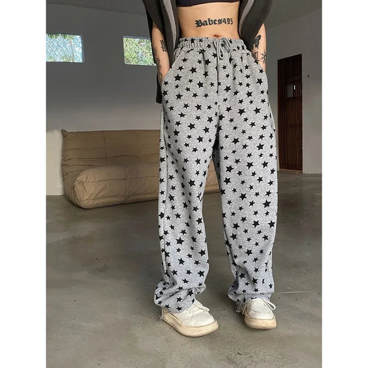 maoxiangshop  -  Gray Star Fleece Women's Sweatpants Winter Warm Oversized Y2k Streetwear Harajuku Vintage Jogger Pants Korean Fashion Kpop