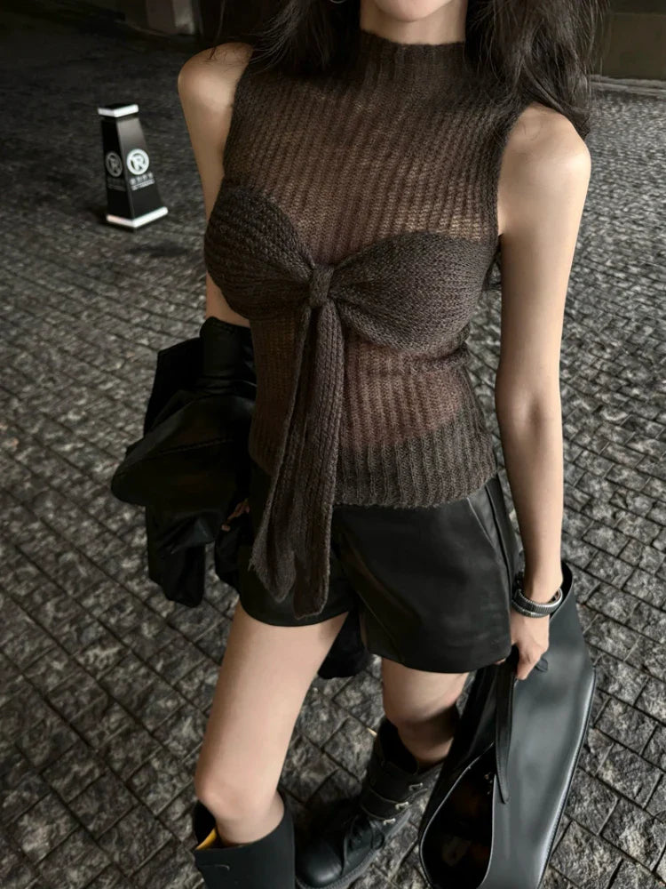 maoxiangshop  -  Y2k Sweater Vest with Bow Half High Collar Jumpers Sexy Slim Sleeveless Knitted Underwear Korean Fashion Autumn Winter