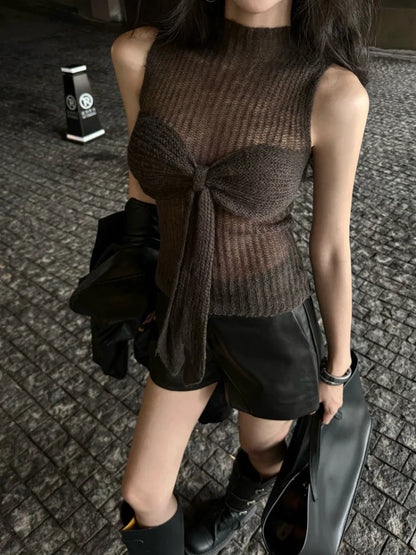 maoxiangshop  -  Y2k Sweater Vest with Bow Half High Collar Jumpers Sexy Slim Sleeveless Knitted Underwear Korean Fashion Autumn Winter