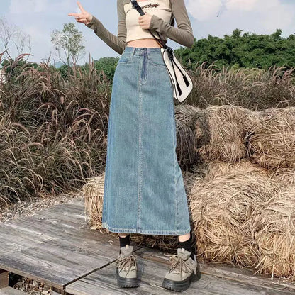 Lucyever Split Denim Skirt for Women 2024 Spring Summer New Y2K High Waist Long Skirt Female Vintage Blue A-Line Jean Skirts