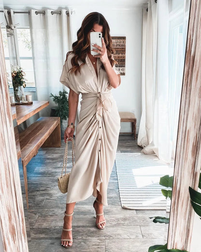 maoxiangshop Women Summer Elegant Button Ruched Bandage Shirt Dress Fashion Casual Short Sleeve Solid V Neck Beach Maxi Dress