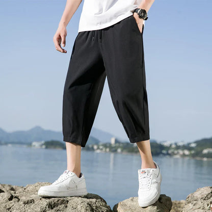 maoxiangshop Cropped Pants Men's Shorts Summer Ice Silk Trendy Straight Large Size Sports Casual Eight-point Medium Pants