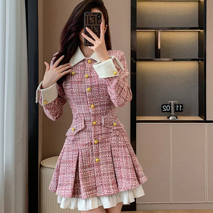 maoxiangshop New Women's Tweed Pleated Mini Dress Autumn Long Sleeve Korean Style Single Breasted Ruffle Fashion Office Lady Vintage Dresses