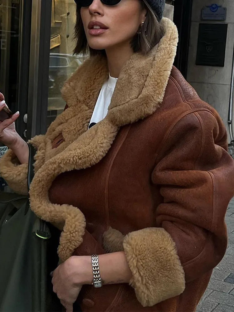 maoxiangshop  -  Vintage Lapel Lambwool Brown Jackets Women Elegant Casual Plush Single Breasted Warm Coat Female Winter Versatile Street Outwear
