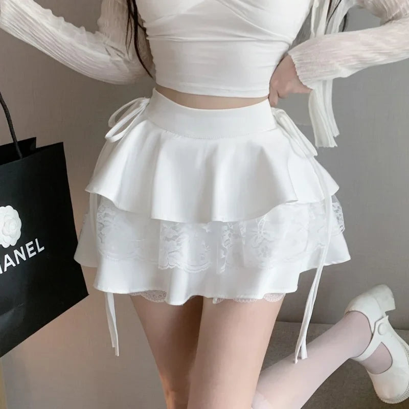 maoxiangshop Kawaii Pink Ruffle Mini Skirt Women Fairycore Lace Double-layer Cute High Waist Bandage Sexy Short Skirt Coquette Lolita