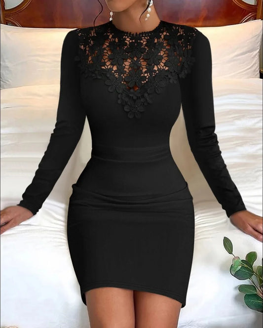 maoxiangshop-Sexy Lace Patchwork Bodycon Mini Dress Women Fashion O-neck Long Sleeve Solid Dresses Autumn Winter Hollow Out Skinny Robe Femme