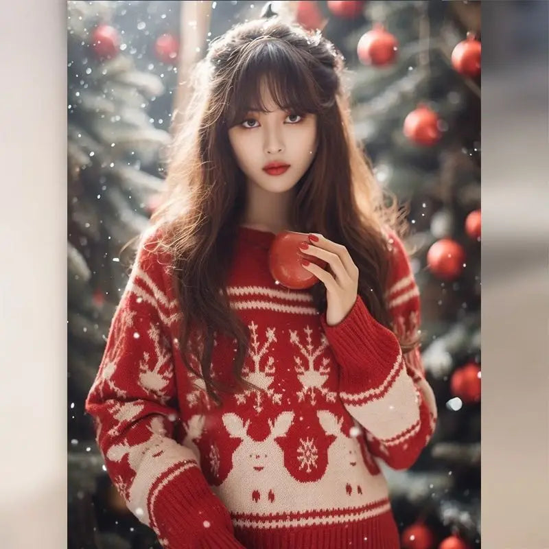 maoxiangshop  -  Women Autumn Winter Fashion Loose Red O-neck Long Sleeve Christmas Knitwear Women Clothes Trend All-match Sweet Knitting Tops