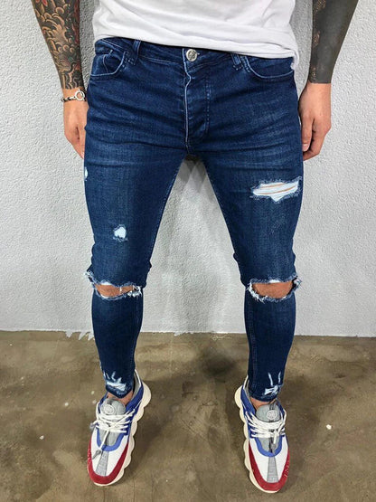 maoxiangshop Distressed Knee Holes Elastic Skinny Jeans Men Ripped Biker Denim Pants Solid Washed Streetwear Black Pantalones Hombre Joggers