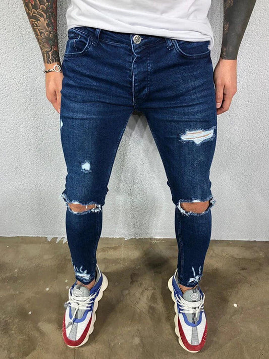 maoxiangshop Distressed Knee Holes Elastic Skinny Jeans Men Ripped Biker Denim Pants Solid Washed Streetwear Black Pantalones Hombre Joggers