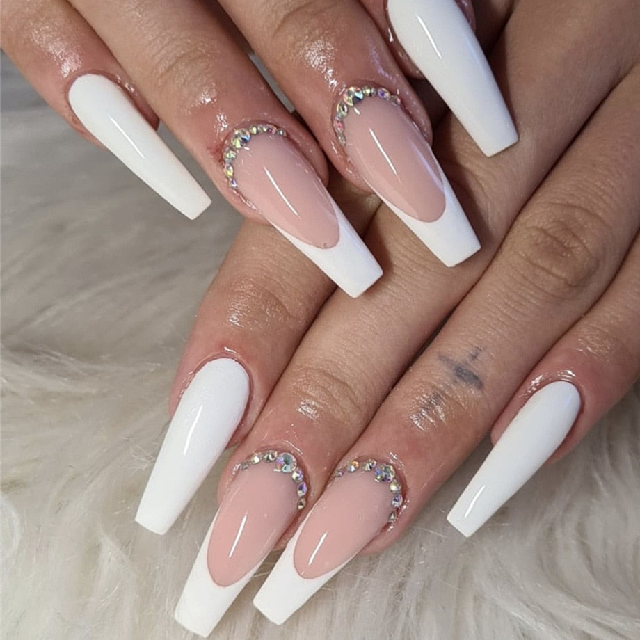 24pcs Summer False nails with designs Charms Flame Long Ballerina Fake Nails Wearable Coffin french Nails Tips Press On Nails