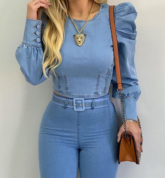 maoxiangshopDenim Shirt Women New Light Blue Long Bubble Sleeve Blouses Skinny Slim Fit Francais Tops Korean Streetwear Blusas Mujer De Moda