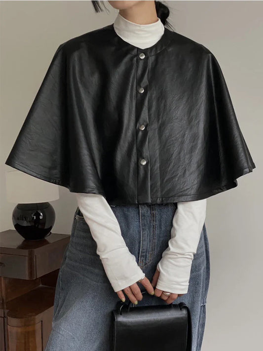 maoxiangshop  -  Solid Color Leather Women's Cloak Shawl Fashion Round Neck Single Breasted Short Tops Autumn Casual Loose Retro Women Jacket