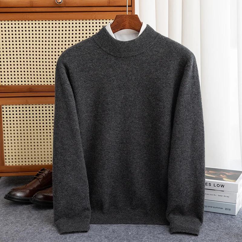 maoxiangshop New Fashion Men's 100% Wool Pullover Half-high Collar Sweater Autumn Winter Warm Solid Color Knit Sweater Business Casual Top