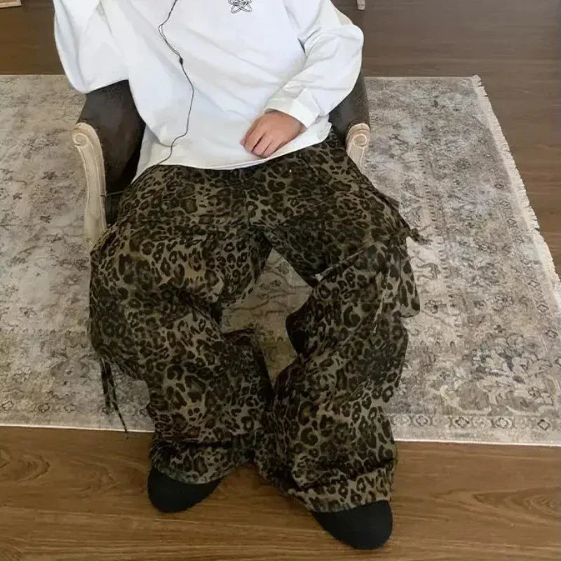 maoxiangshop Tan Leopard Cargo Pants Men Y2K Parachute Oversize Wide Leg Trousers Male Streetwear Hip Hop Harajuku Animal Print