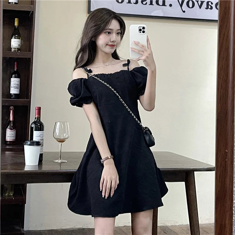 maoxiangshop New Women Vogue Off Shoulder Dress Lady Kawaii Bowknot Holiday Casual Dress Female Gentle Cutecore Elastic Puff Sleeve Dress