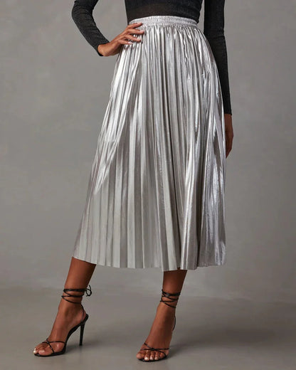 maoxiangshop  -  New Fashion Giny Pleated Long Skirts Autumn Winter High Waist A- Shaped Midi Long Metallic Pleated Skirt for Women Skirts