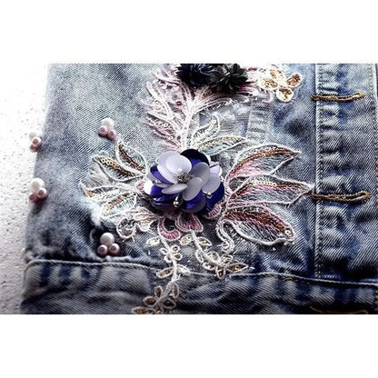 maoxiangshop 2024 Student Vest Slim Short Jacket Embroidery Flowers Sleeveless Denim Vest Women's Beaded Waistcoat Hole Jeans Vest Coat Girl