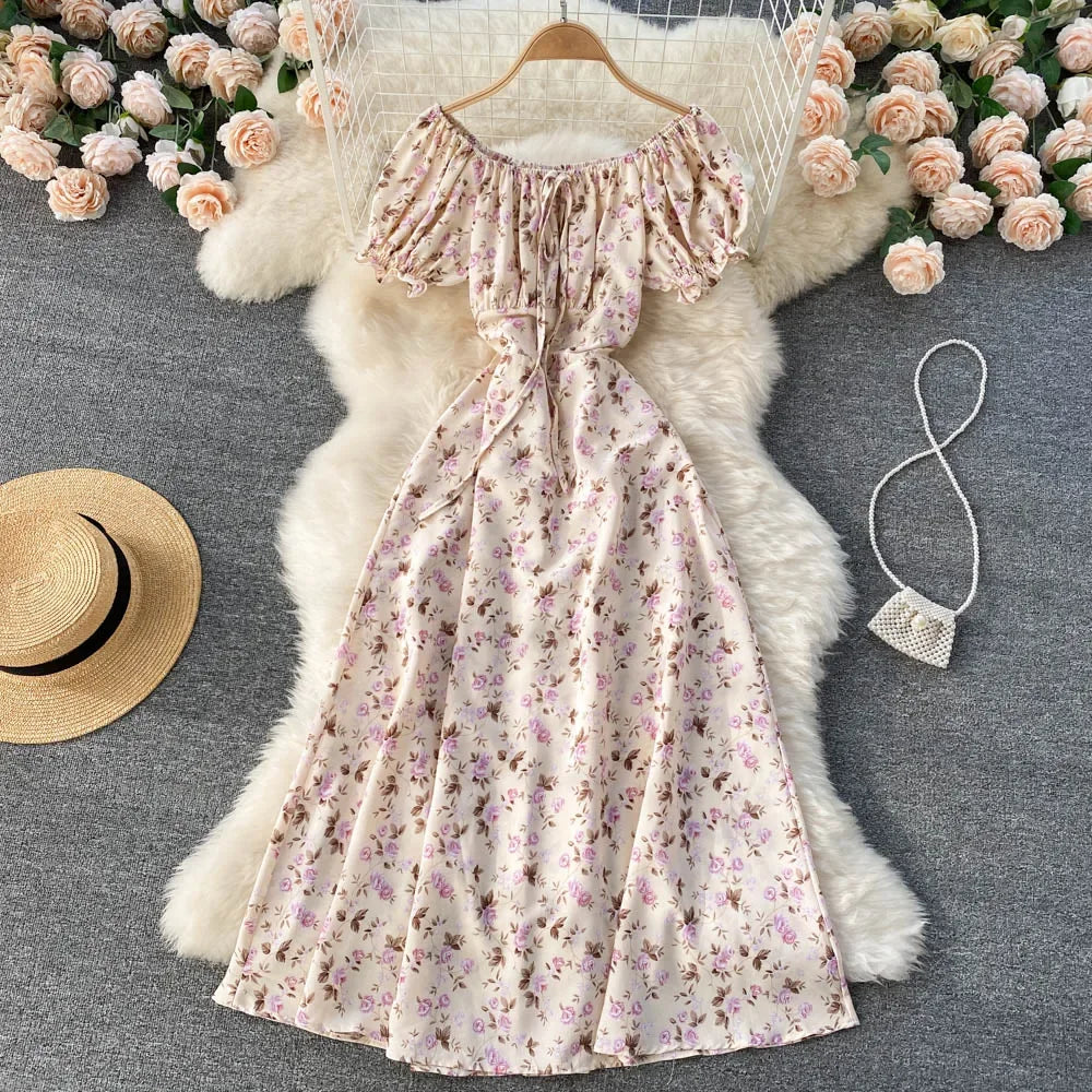 maoxiangshop Women Floral Dress Bohemian A-Line Slash Neck Short Sleeves Dress Summer Vintage Beach off Shoulder Polka Dot Sundress