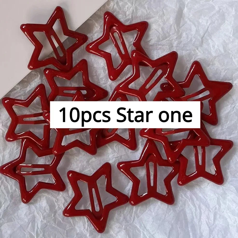 maoxiangshop 10 Pcs/Lot New Red Star Snap Clip for Girl Waterdrop Barrettes Black Hairpin Women Silver Hair Clip Accessories Kawaii BB Clip