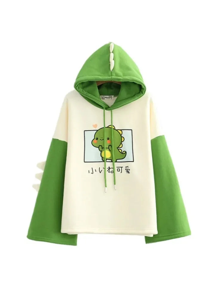 maoxiangshop Harajuku Kawaii Hoodies Cartoon Dinosaur Print Casual Women Winter Warm Fleece Hooded Cotton Sweatshirt Teen Girls Cute Top