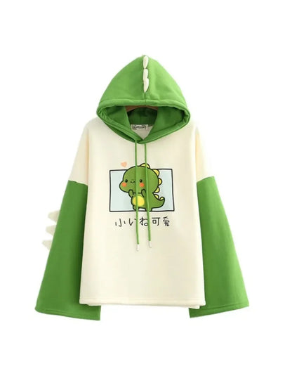 maoxiangshop Harajuku Kawaii Hoodies Cartoon Dinosaur Print Casual Women Winter Warm Fleece Hooded Cotton Sweatshirt Teen Girls Cute Top
