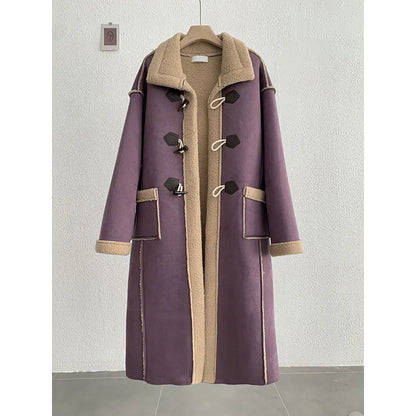 maoxiangshop  -  Korean Winter Fashion Suede Lamb Wool Splice Coat Fashion American Retro Coat High-End Long Single-Breasted Thicken Warm Coat