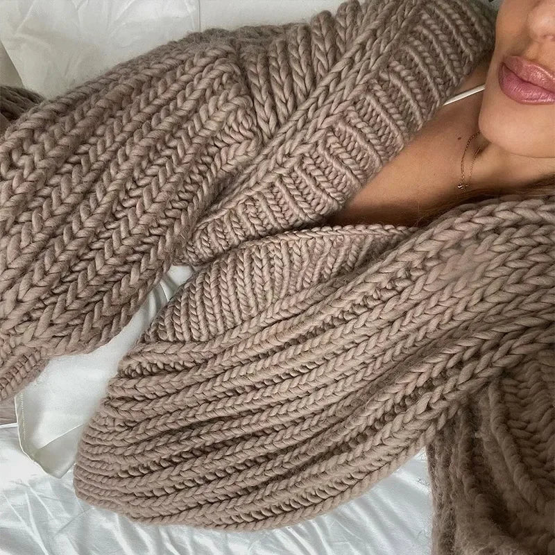 maoxiangshop  -  Women Chic V Neck Coarse Yarn Knit Cardigan Open Front Mid Long Hollow Out Sweater 2024 New Winter Lady Thick Loose Fit Knitwear