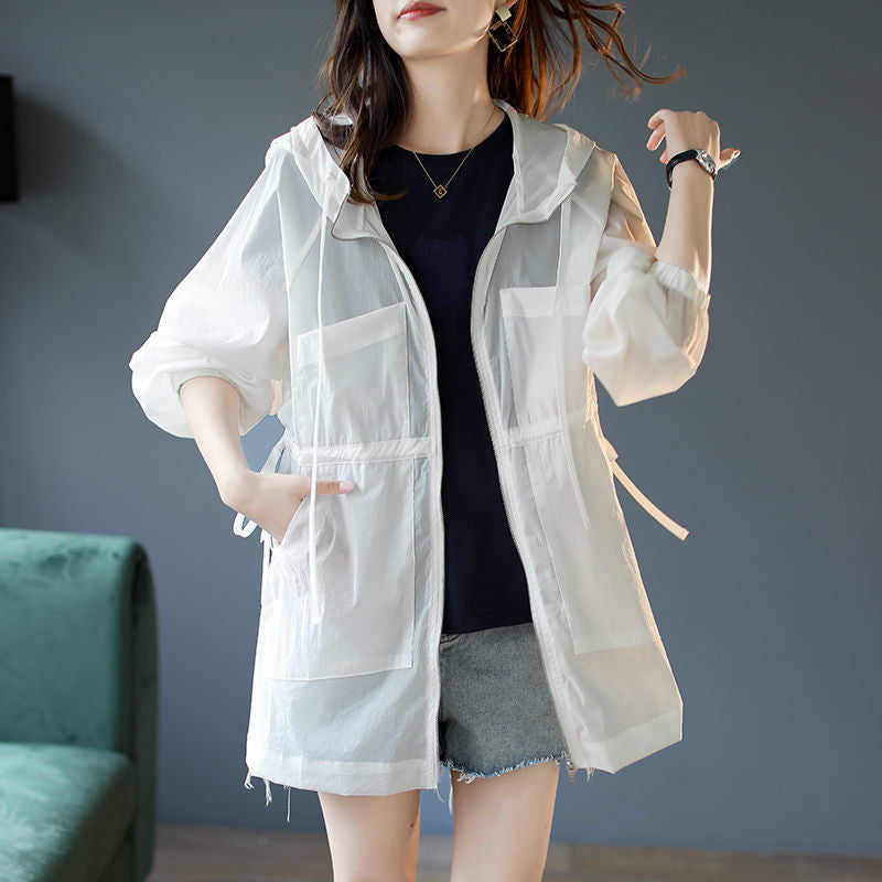 maoxiangshop Jackets Women Hooded Fashion Thin Sheer Chic Soft Summer Femme Solid Ins Korean Style Sun-proof Harajuku High Street Holiday New