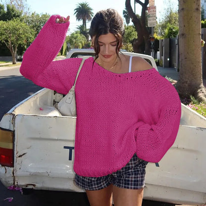 maoxiangshop  -   Loose Big V Neck knitted Sweater For Women Casual Solid Color Pullovers Top Long Sleeve Hollow Top Autumn Winter New 2024