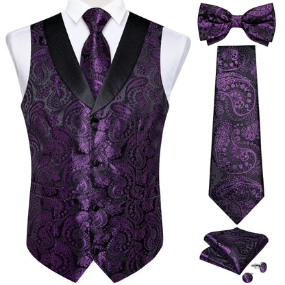 maoxiangshop Brand Suit Vest Set For Men Luxury Silk Black Gold Paisley Dress Vest Tie Cufflinks Handkerchief Set Male Sleeveless Waistcoat