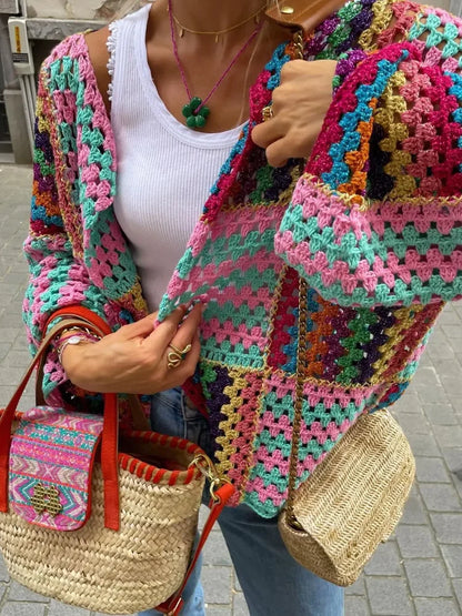 maoxiangshop -  Colorful Knit Hollow Out Cardigan For Women Open Front Loose Long Sleeve Sweater Tops Spring Autumn Chic High Streetwear