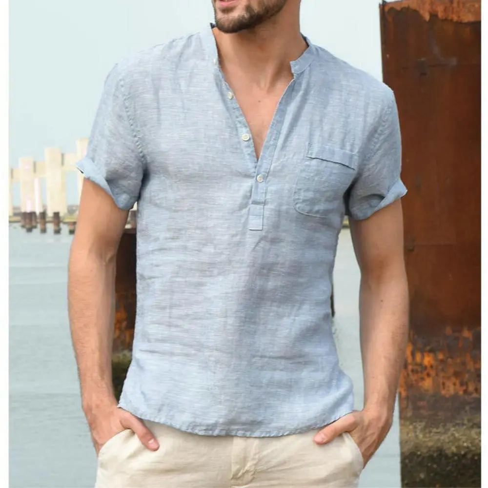 maoxiangshop Men Casual Cotton Linen ShirtsStanding Collar Male Solid Color Long Sleeves Loose Tops Spring Autumn Handsome Men's Shirts