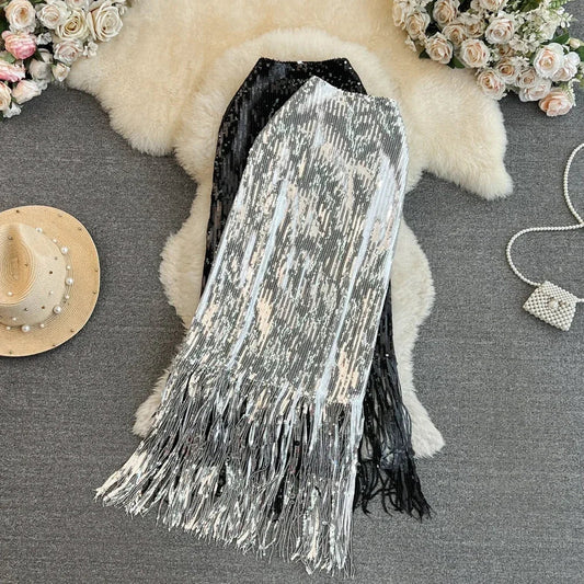 maoxiangshop Sequin Shining Long Skirts Women Tassel High Waist Sexy Female Trumpet Skirt Ladies Party Club Streetwear Maxi Skirt