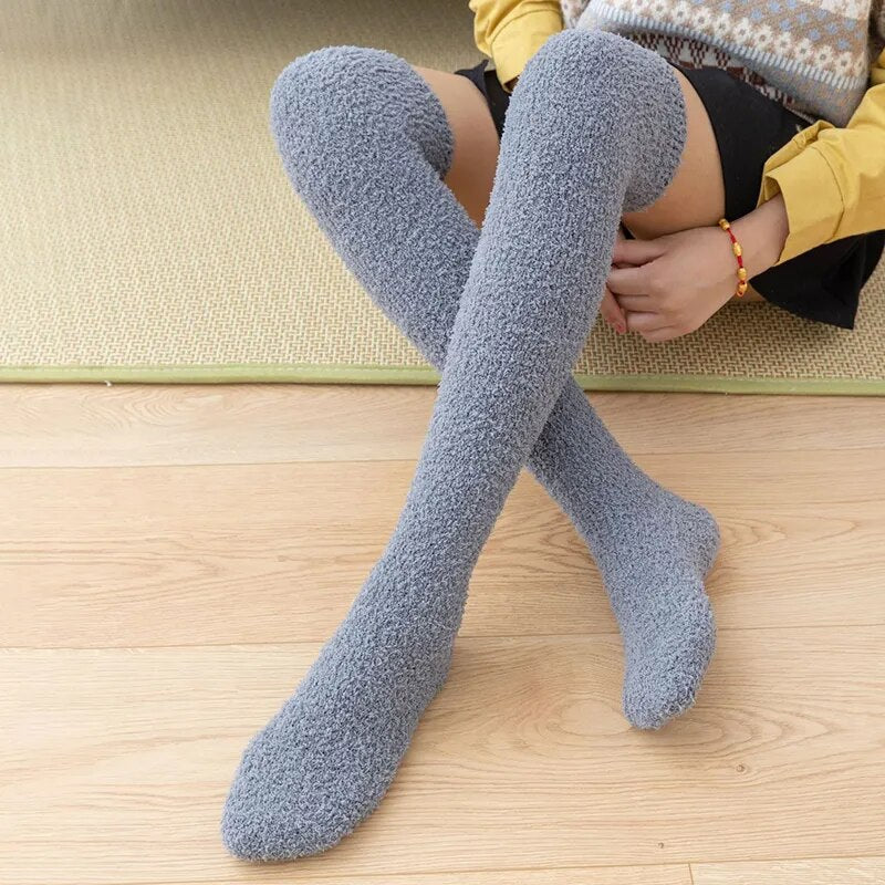 maoxiangshop Winter Warm Coral Fleece Over-knee High Socks Women Plush Lolita Home Sleep Floor Long Socking Jk Solid Soft Thigh High Fun Sock