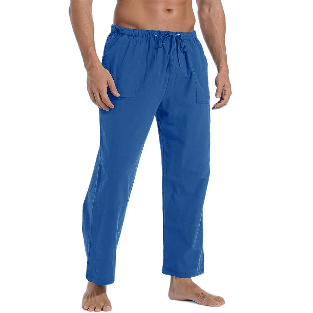 maoxiangshop New Men's Casual Linen Pants Solid Color Breathable Yoga Cotton Trousers Male Casual Elastic Waist Drawstring Fitness Pants